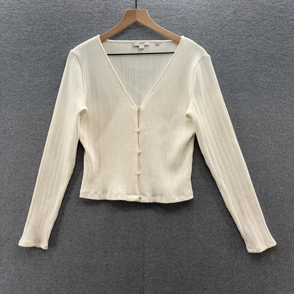 Vince Cardigan Sweater Womens Large Cream Rib Knit V Neck Pearl Button Fitted